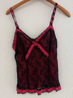 Twin-Set Black Lace Overlay Pink Trim Camisole